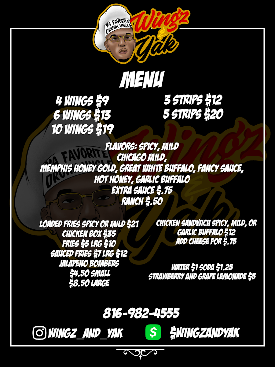 Wingz and Yak menu board