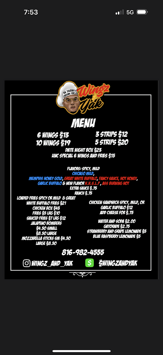 Wingz and Yak menu board