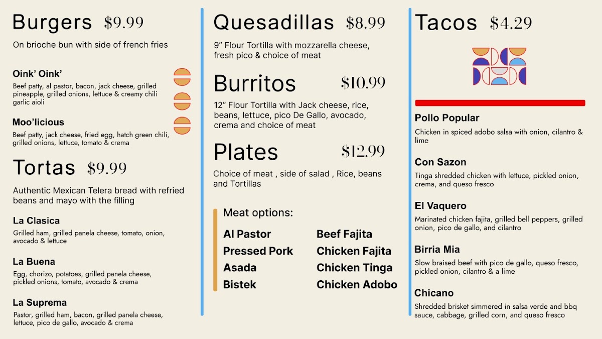 Que Rico Tacos y Mas menu board