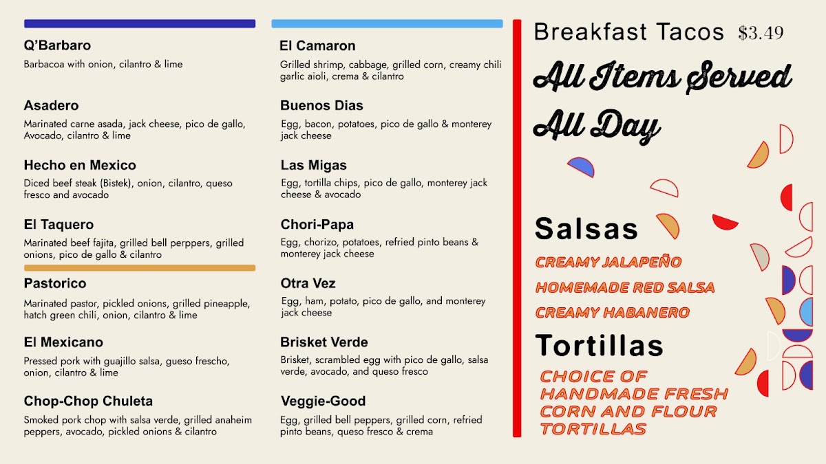 Que Rico Tacos y Mas menu board