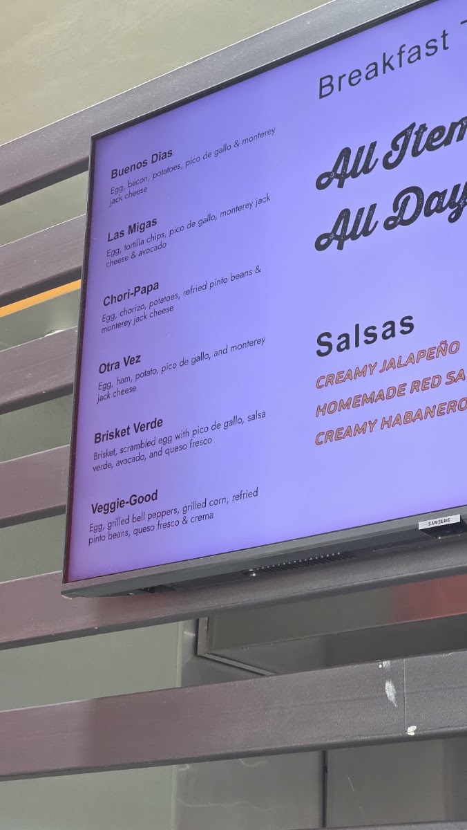 Que Rico Tacos y Mas menu board