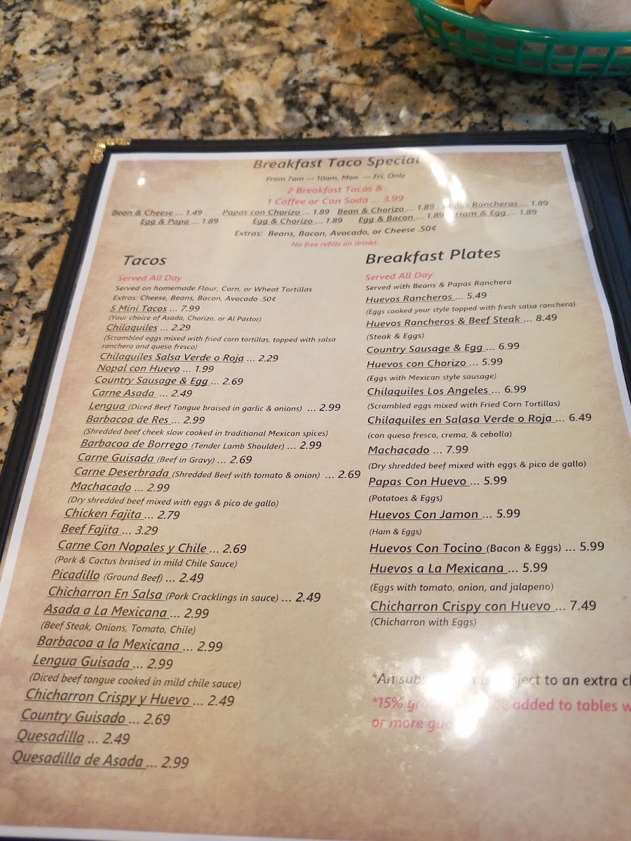 Los Angeles Tortilleria, Restaurant, Bakery, & Cantina menu board
