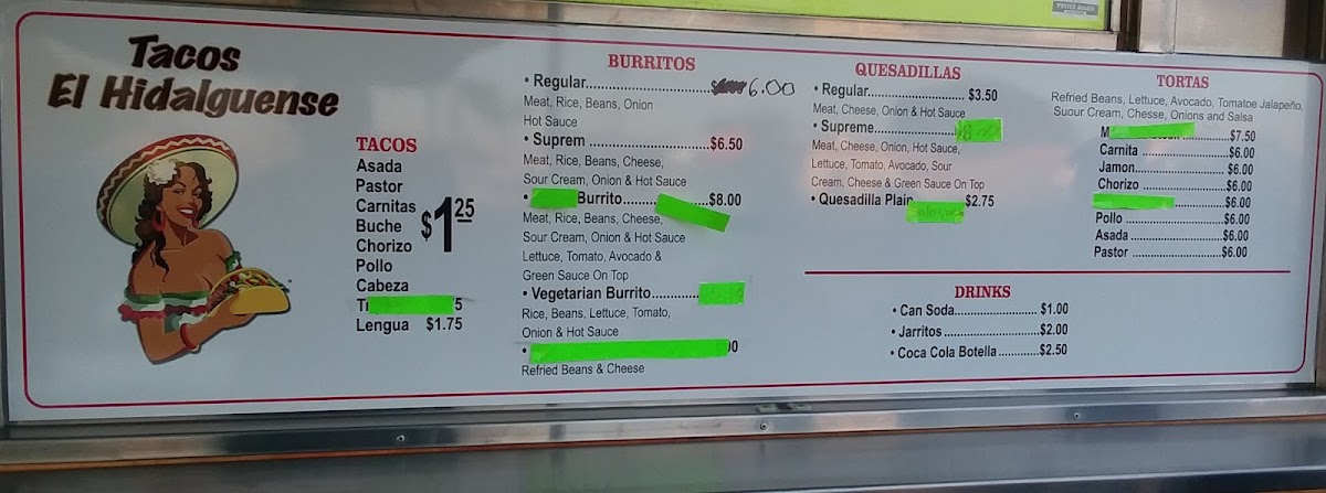 El HIDALGUENSE TACOS TRUCK menu board