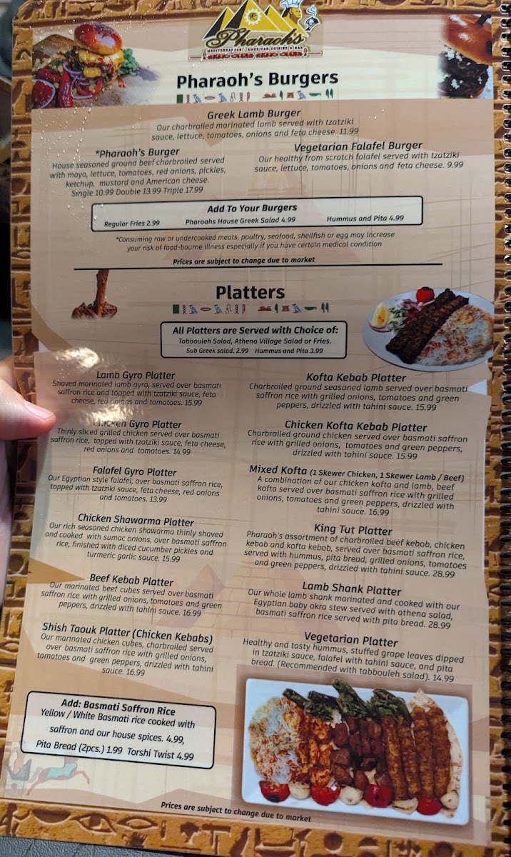 Pharaoh’s Restaurant & Bar menu board