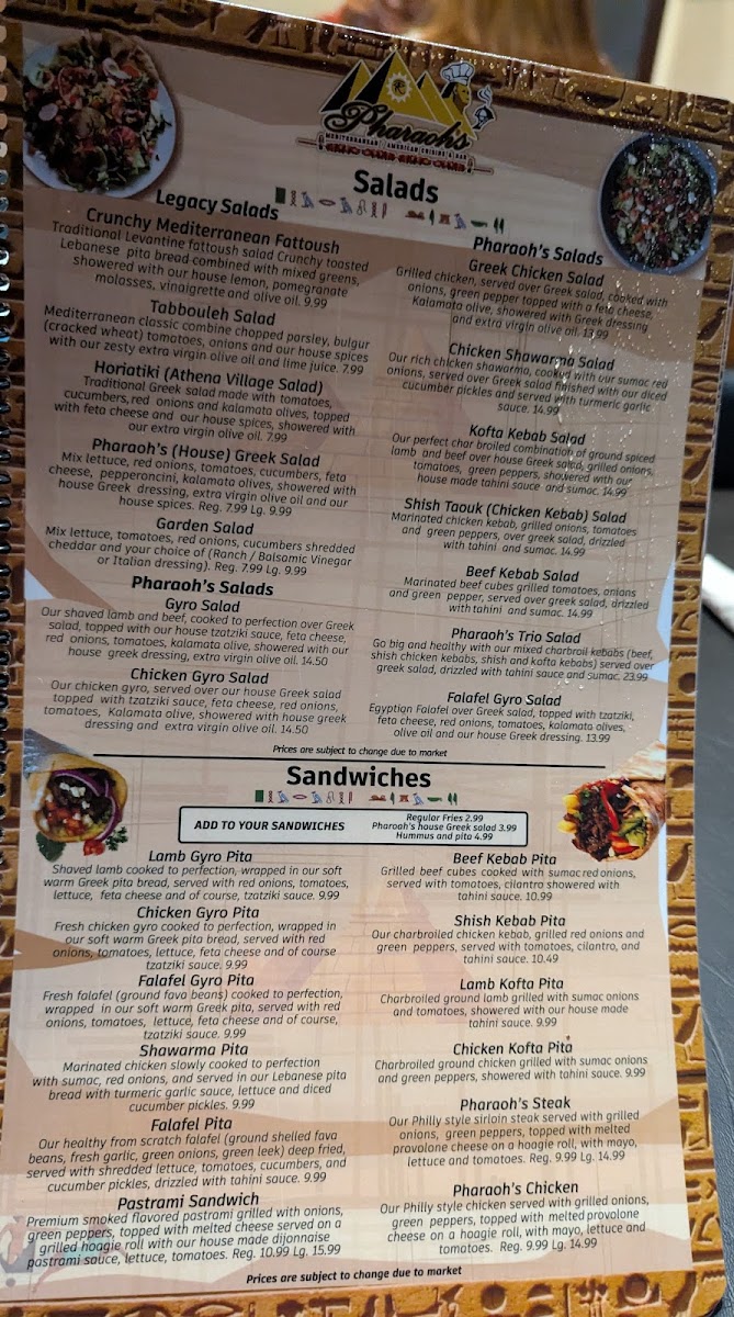 Pharaoh’s Restaurant & Bar menu board