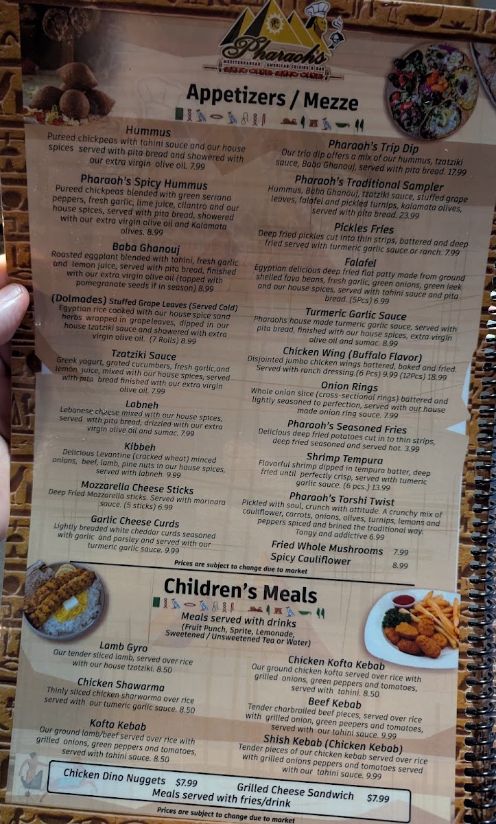 Pharaoh’s Restaurant & Bar menu board