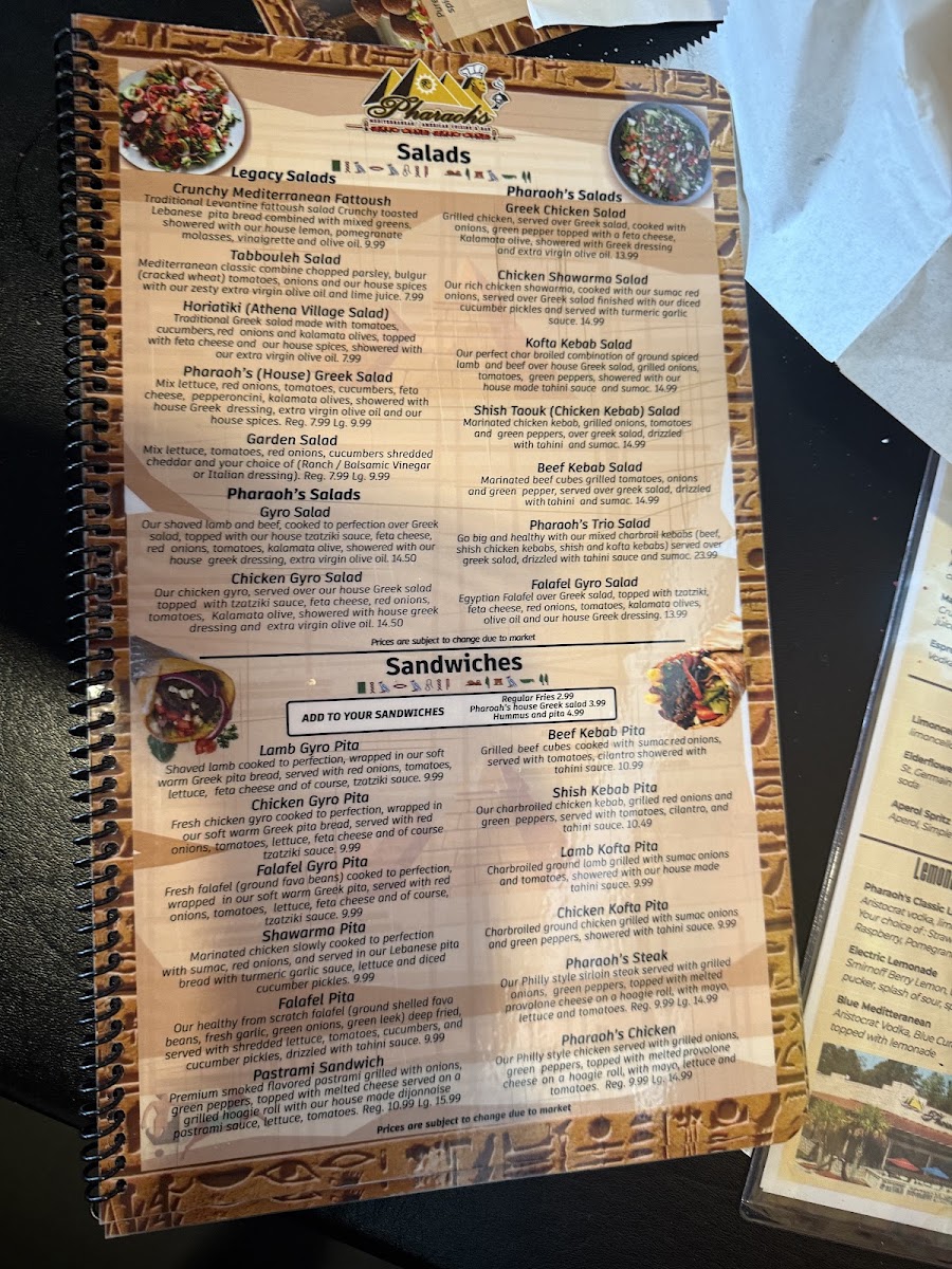 Pharaoh’s Restaurant & Bar menu board