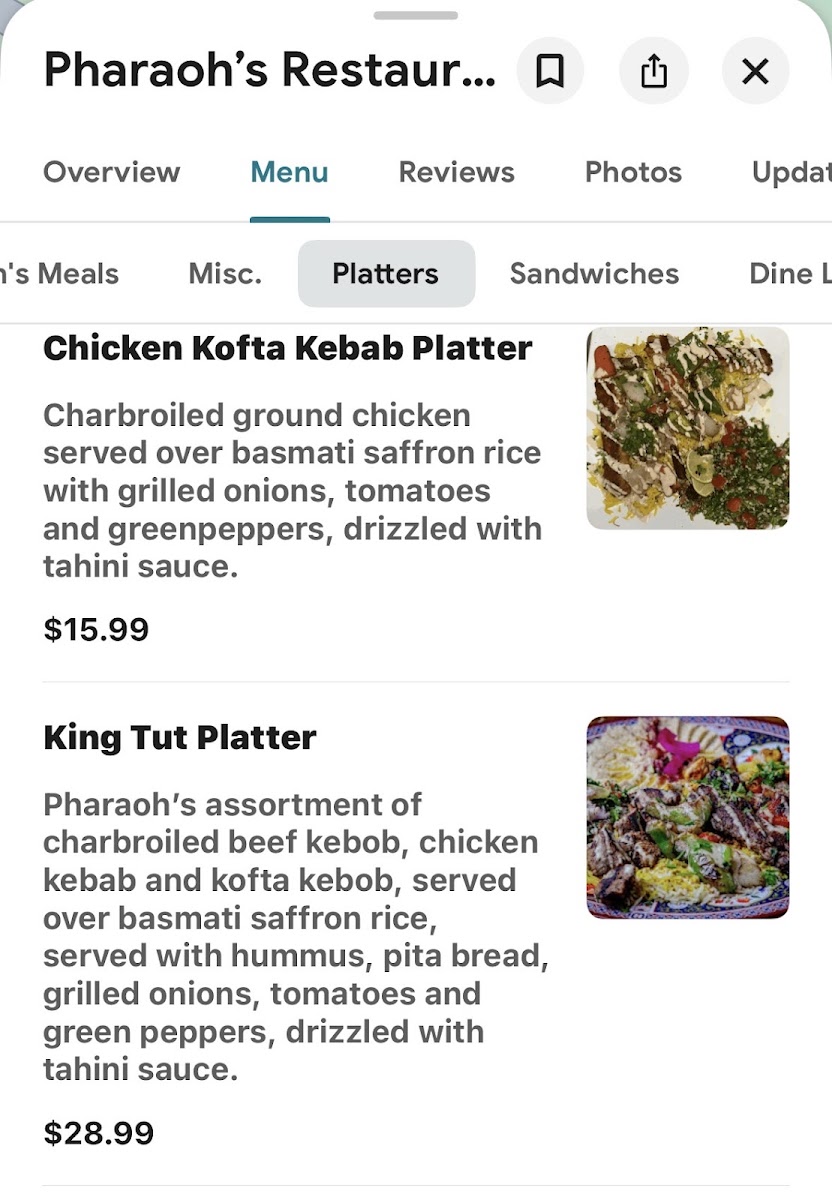 Pharaoh’s Restaurant & Bar menu board