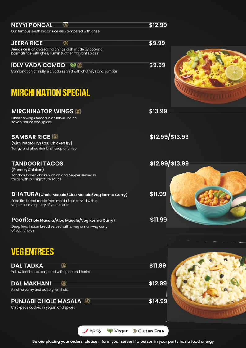 Mirchi Nation-Indian Kitchen menu board