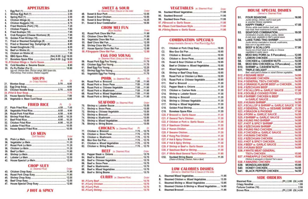 Panda Chinese Kitchen menu board