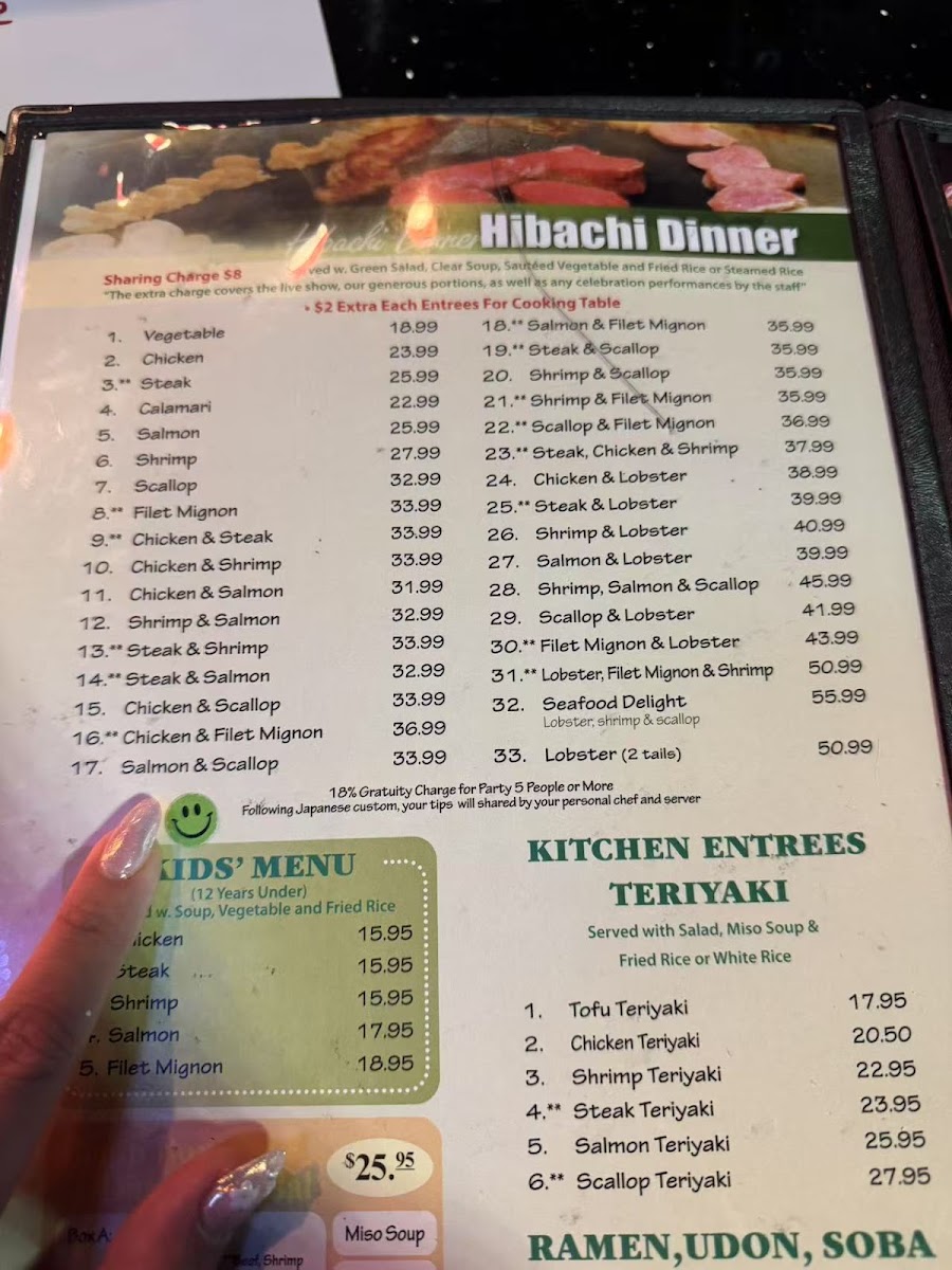 Sakura Japanese Steak House menu board