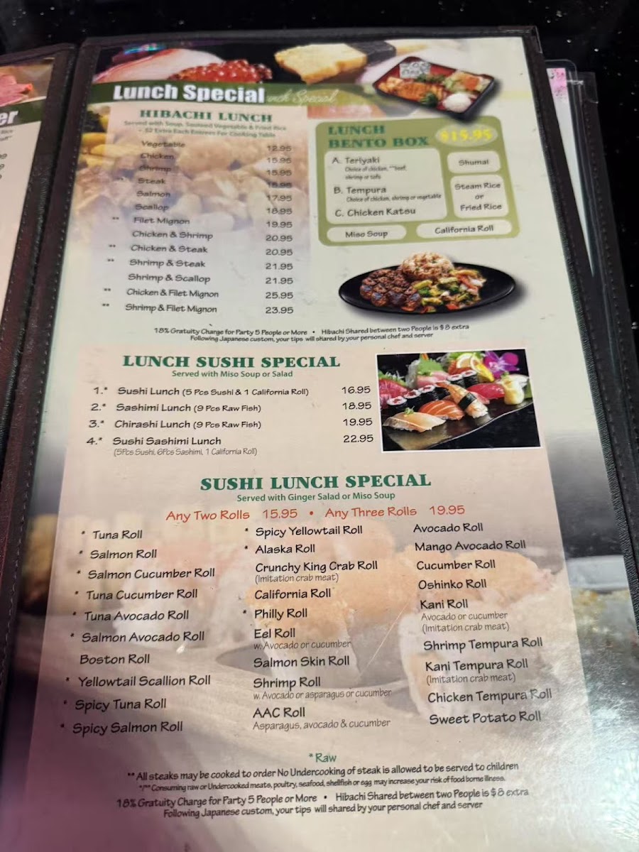 Sakura Japanese Steak House menu board
