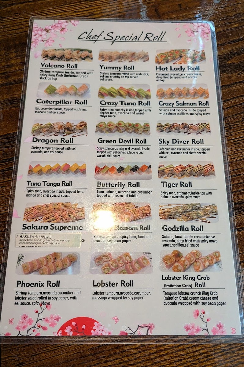 Sakura Japanese Steak House menu board