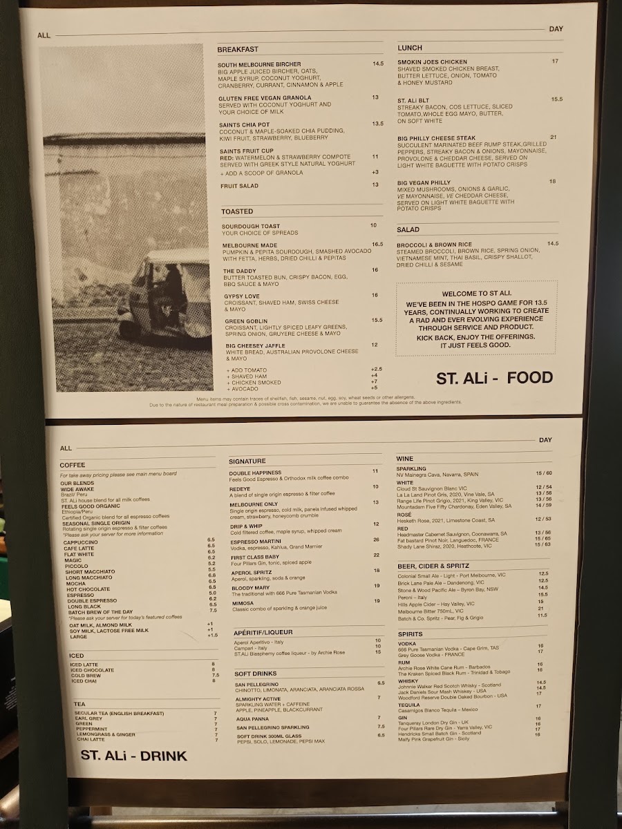 St. Ali Coffee Roasters menu board