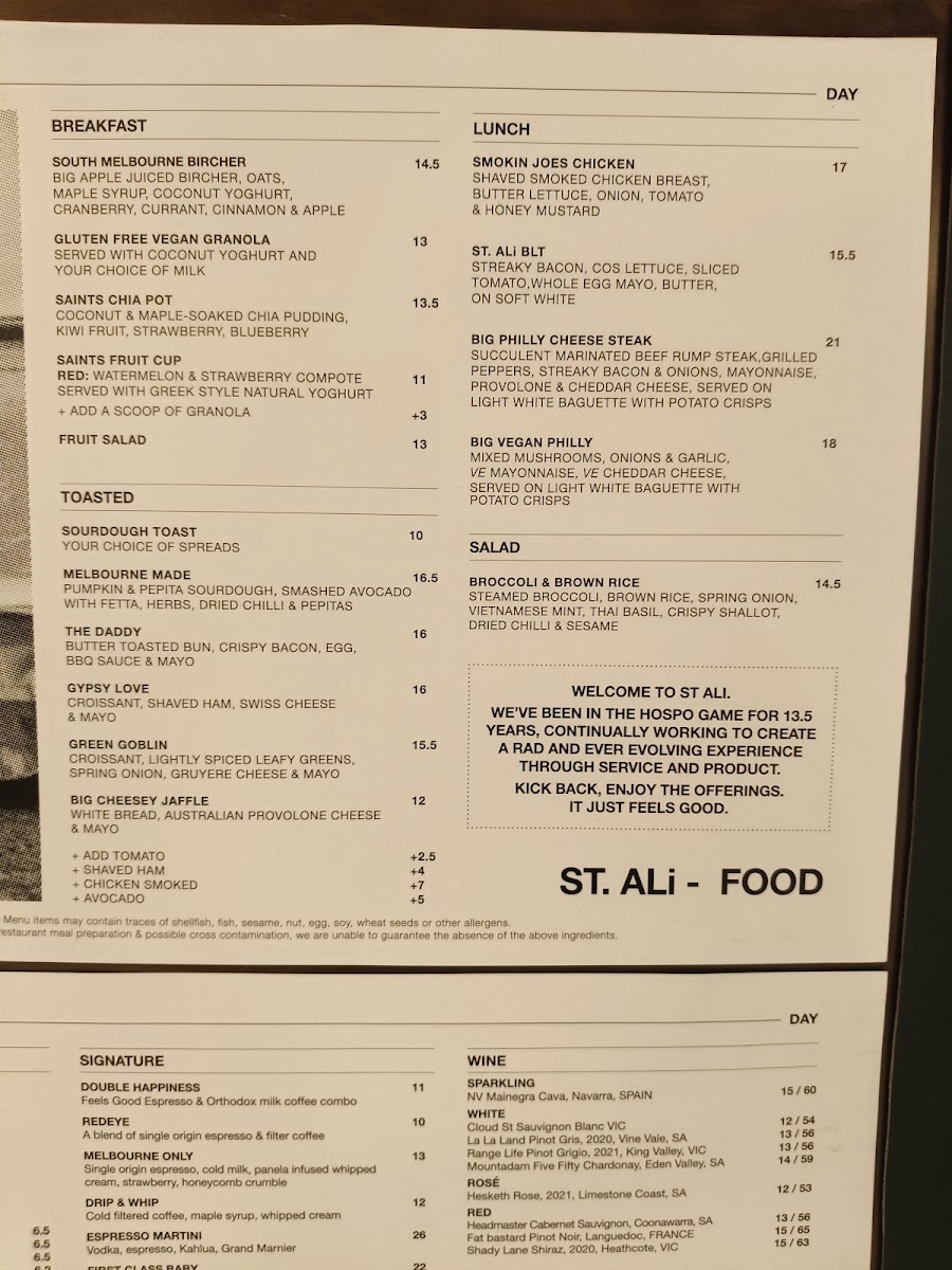 St. Ali Coffee Roasters menu board