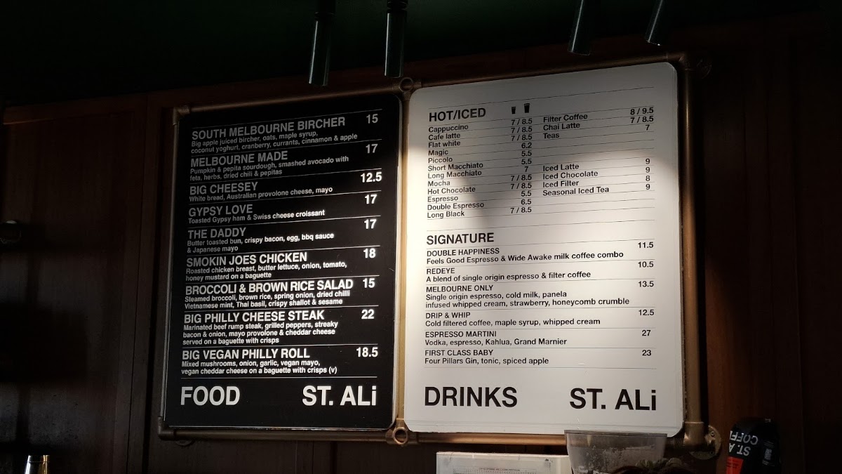 St. Ali Coffee Roasters menu board