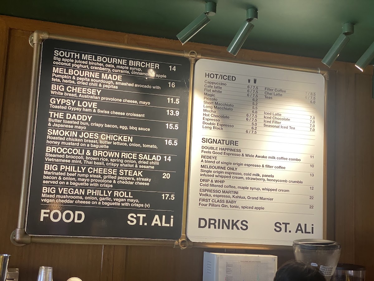 St. Ali Coffee Roasters menu board