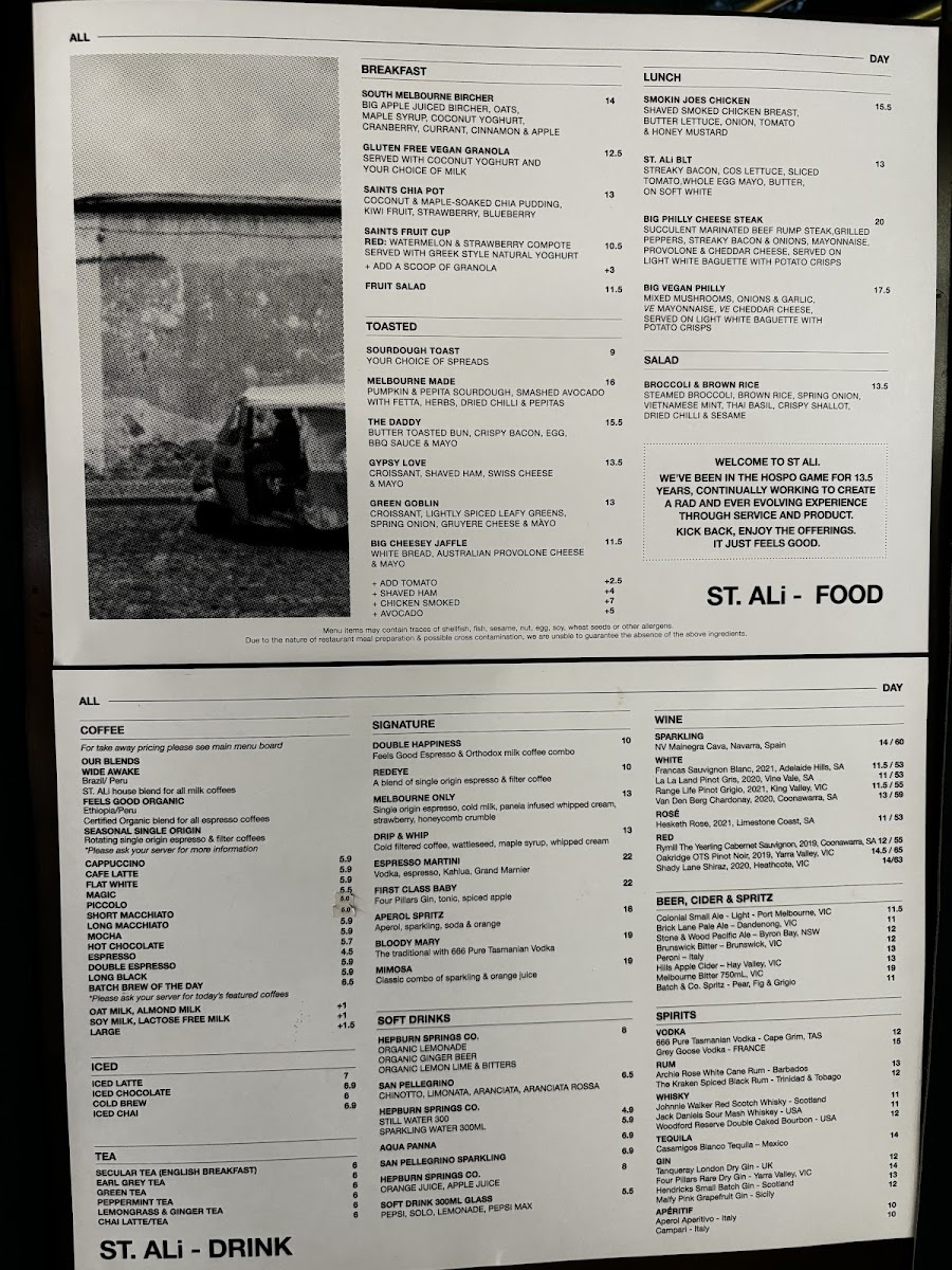 St. Ali Coffee Roasters menu board