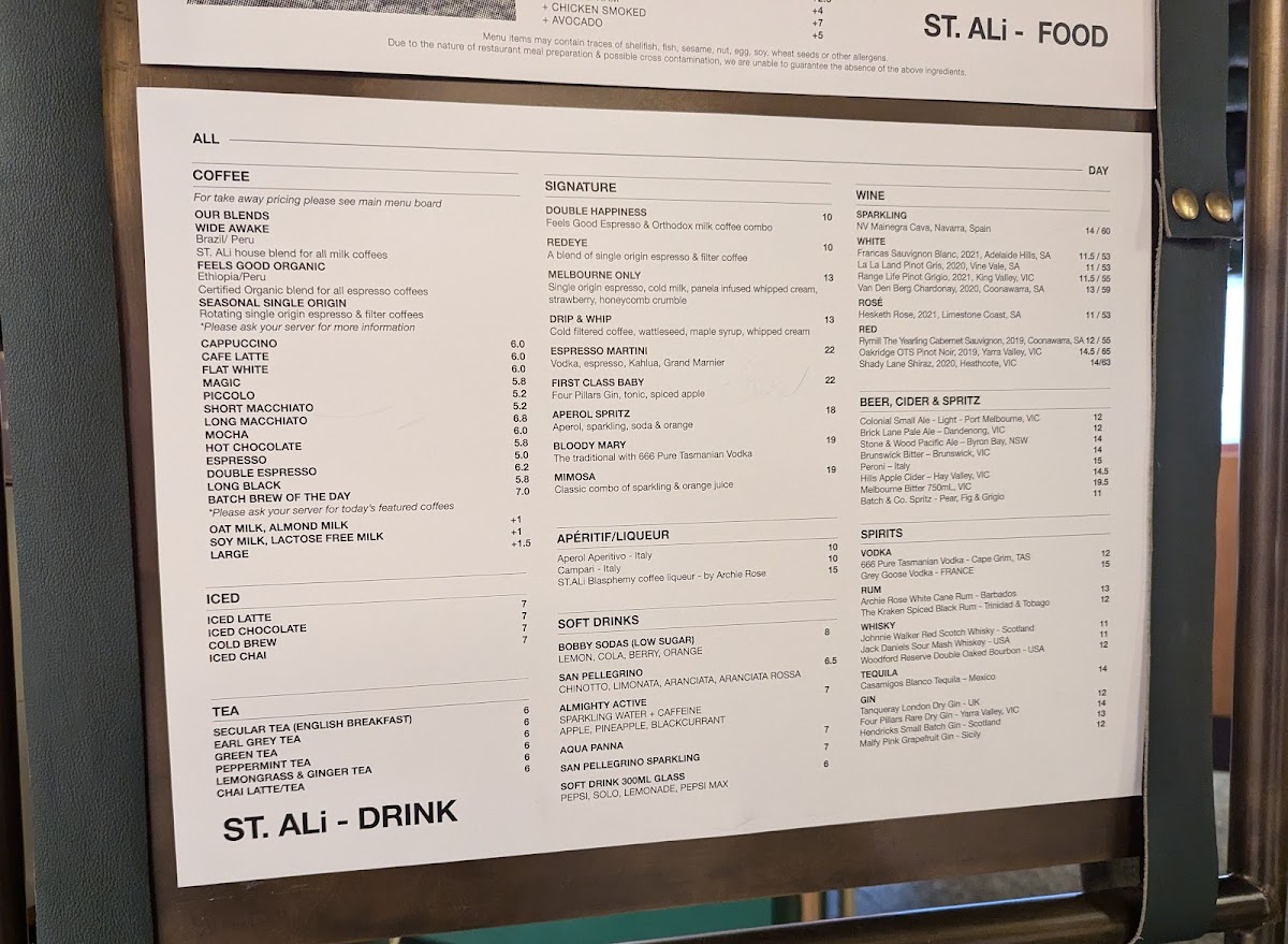 St. Ali Coffee Roasters menu board
