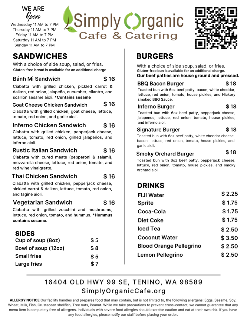 Simply Organic Cafe & Catering menu board