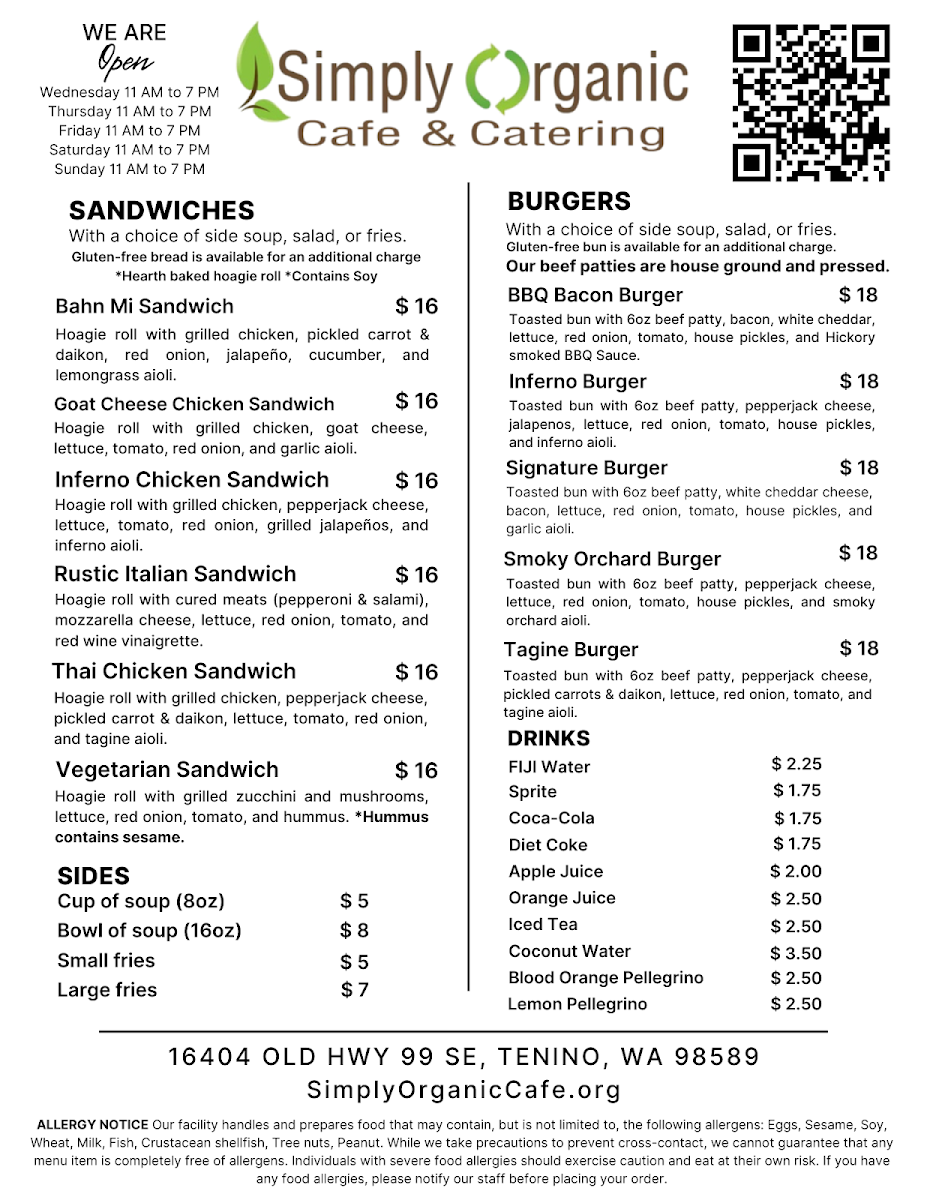 Simply Organic Cafe & Catering menu board