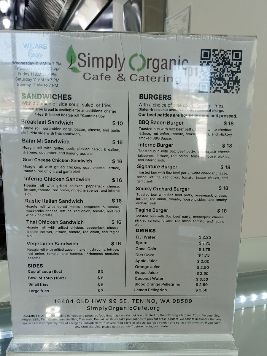Simply Organic Cafe & Catering menu board