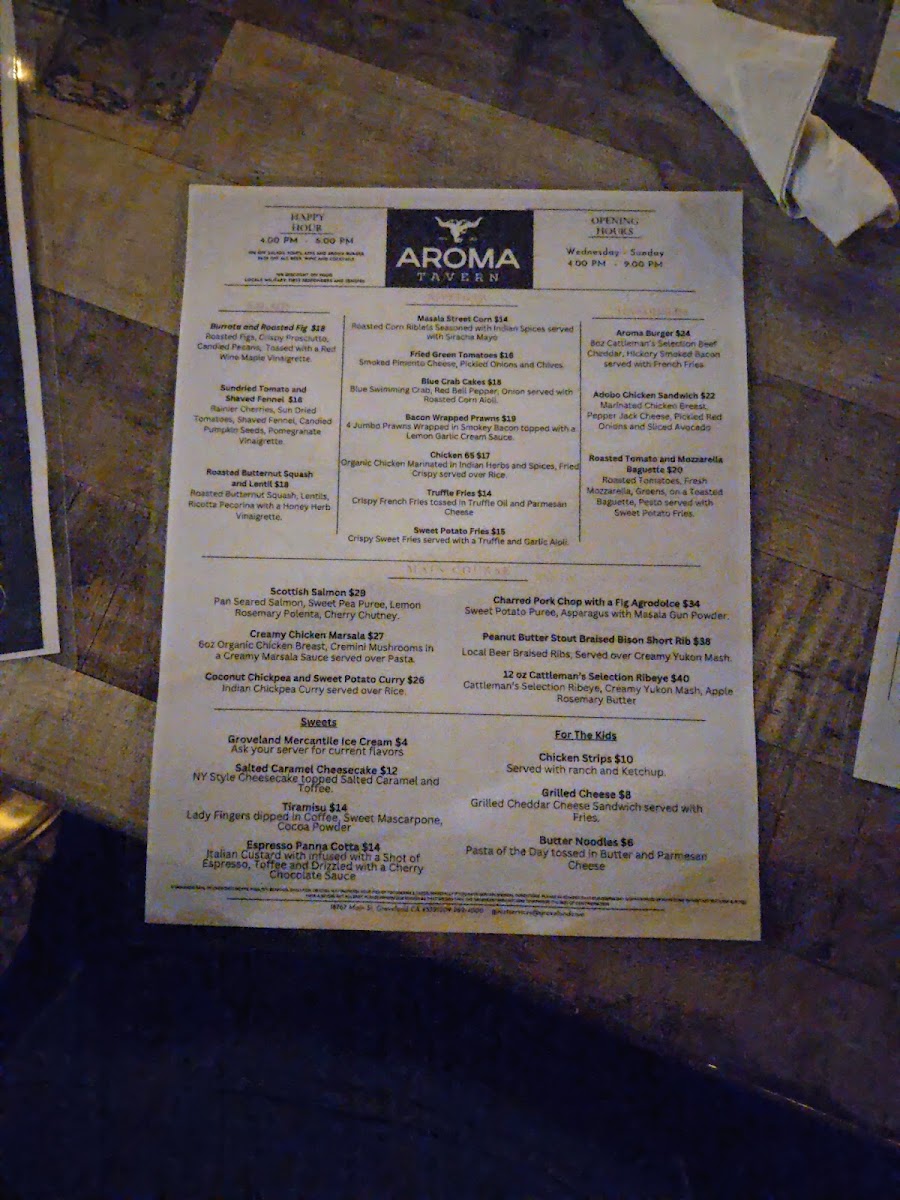 Aroma Restaurant & Wine Bar menu board