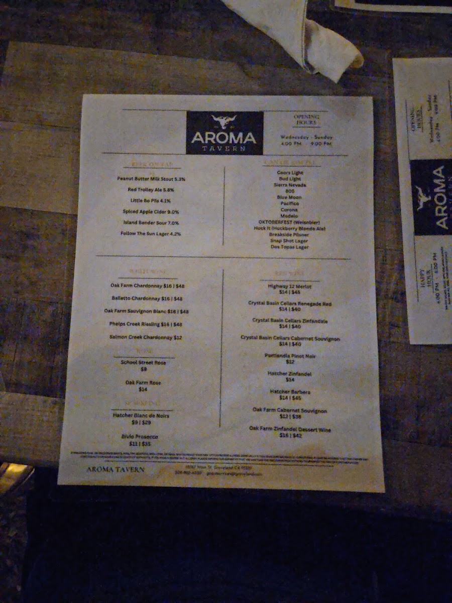 Aroma Restaurant & Wine Bar menu board