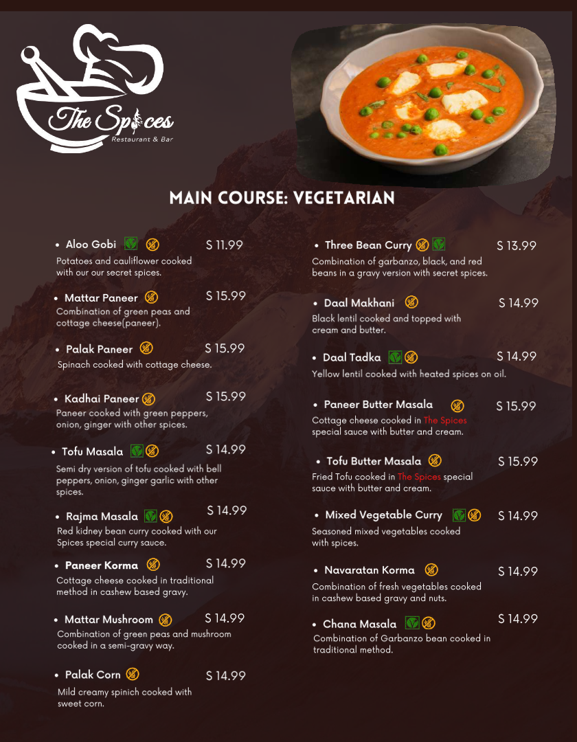 The Spices Restaurant & Bar Downtown menu board