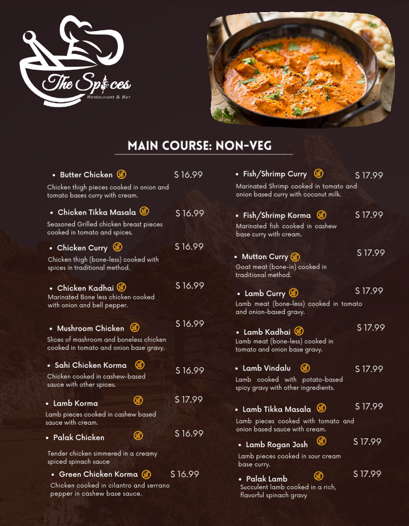 The Spices Restaurant & Bar Downtown menu board