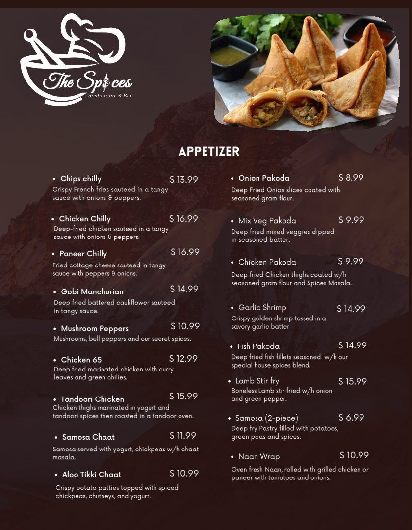 The Spices Restaurant & Bar Downtown menu board