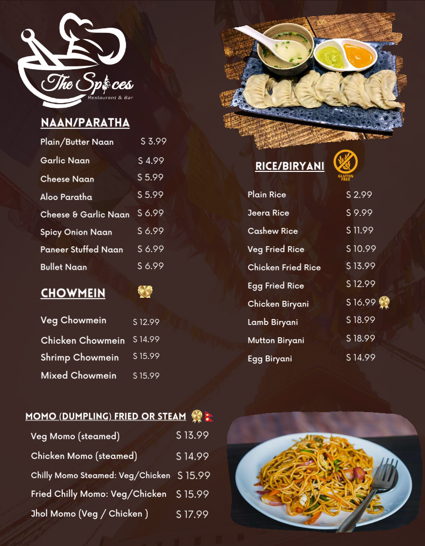 The Spices Restaurant & Bar Downtown menu board
