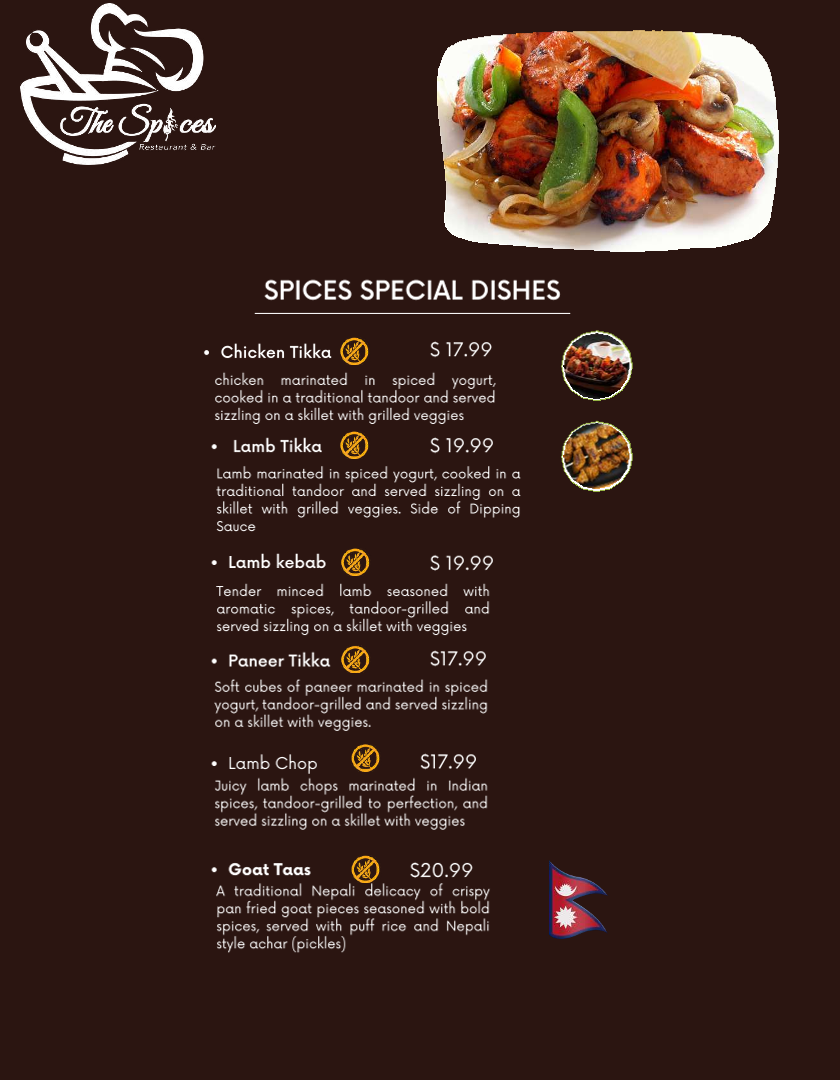 The Spices Restaurant & Bar Downtown menu board
