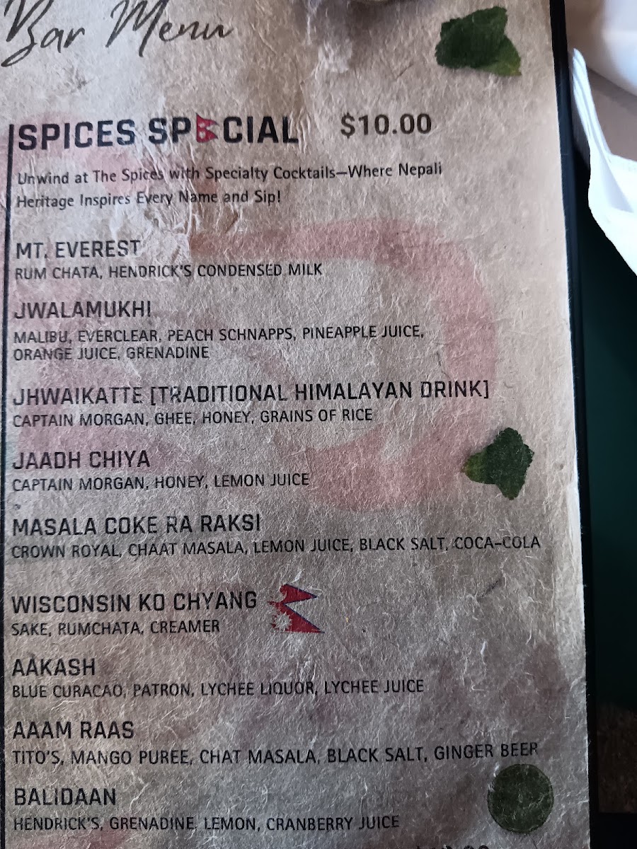 The Spices Restaurant & Bar Downtown menu board