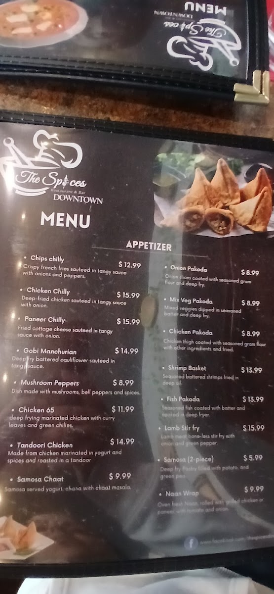 The Spices Restaurant & Bar Downtown menu board