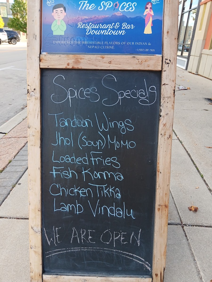 The Spices Restaurant & Bar Downtown menu board