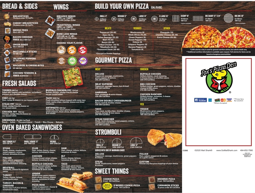 Fox's Pizza Den Burgettstown menu board