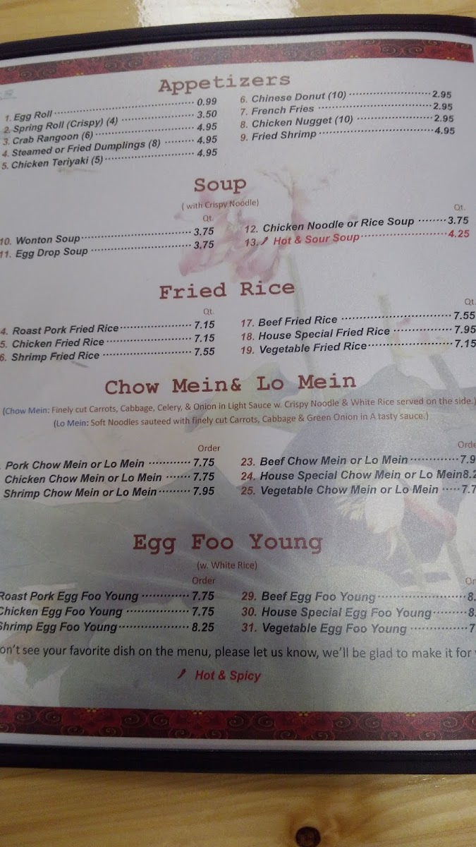 China House Chinese Restaurant menu board