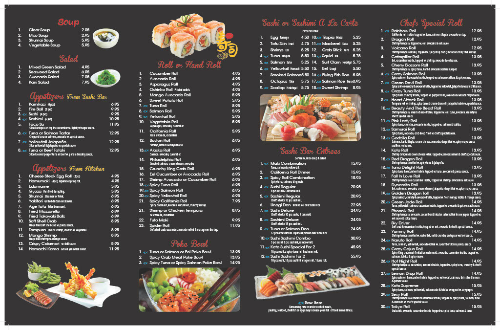 KOTO Hibachi & Sushi menu board