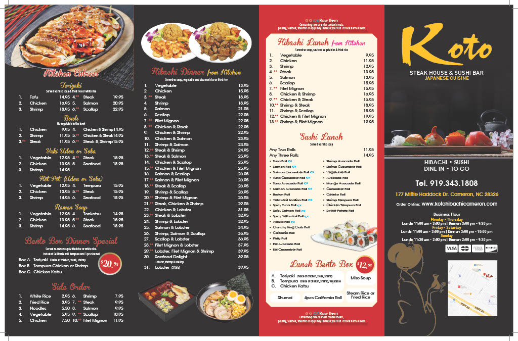 KOTO Hibachi & Sushi menu board