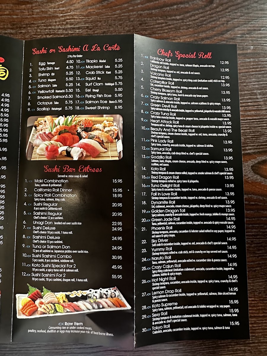 KOTO Hibachi & Sushi menu board