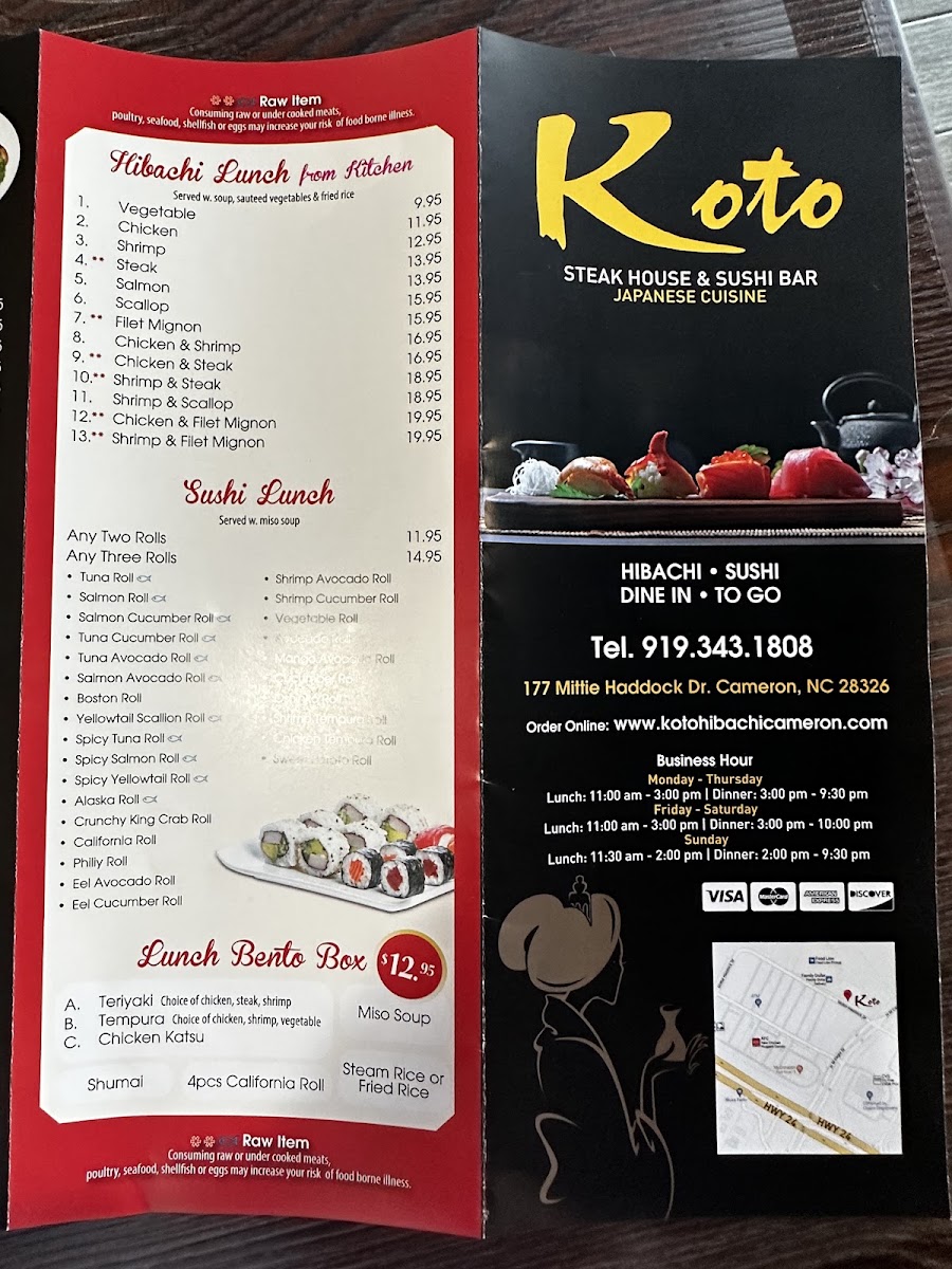 KOTO Hibachi & Sushi menu board