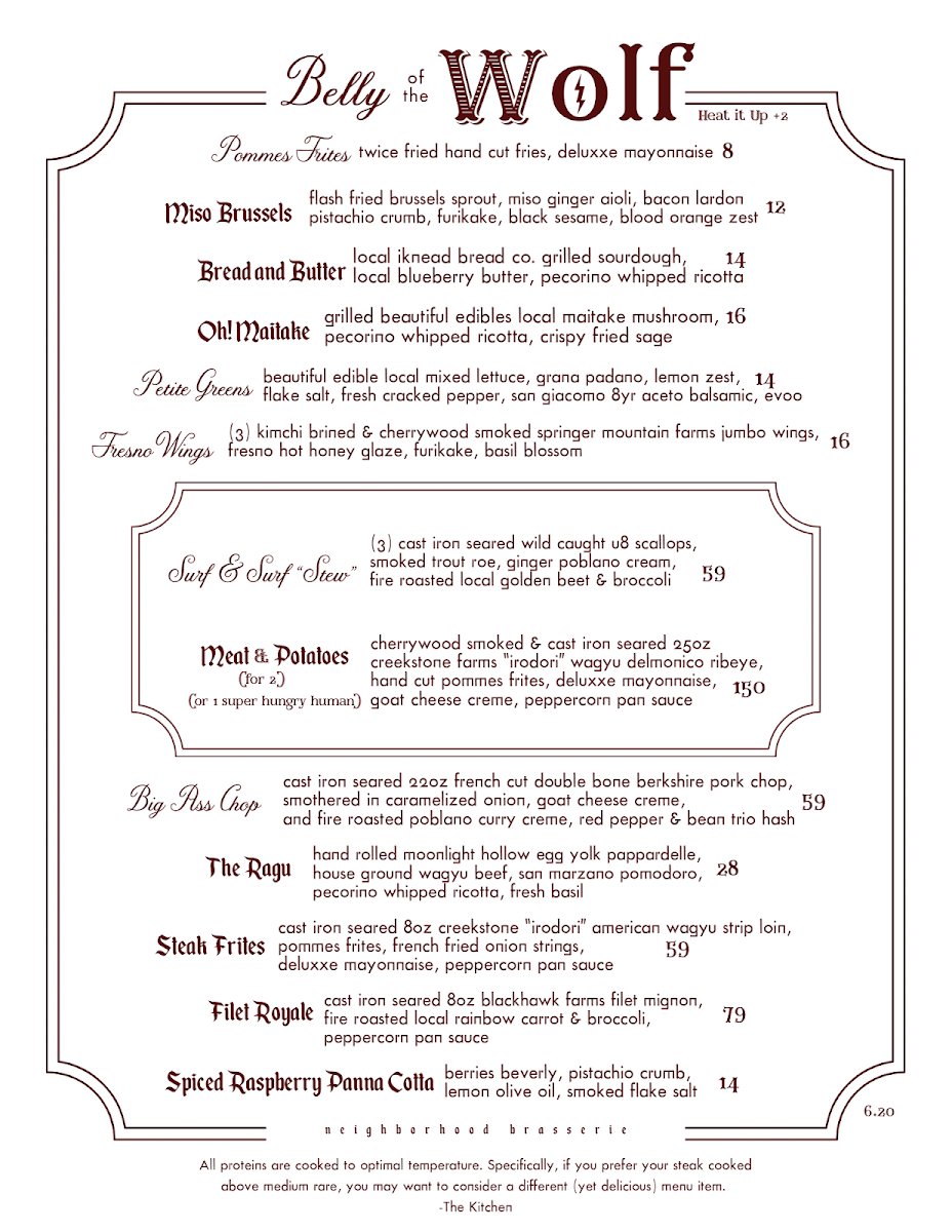 Belly of the Wolf menu board