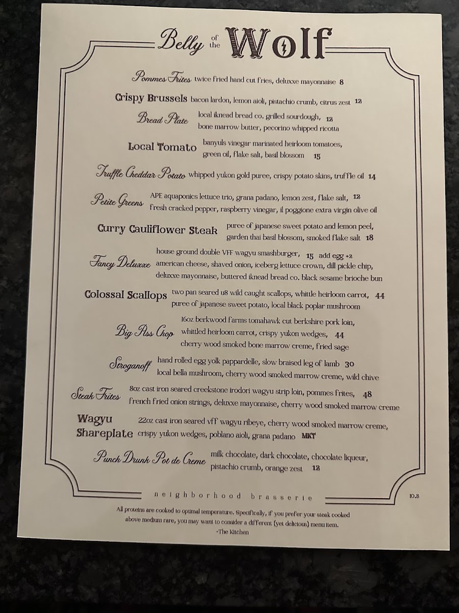 Belly of the Wolf menu board