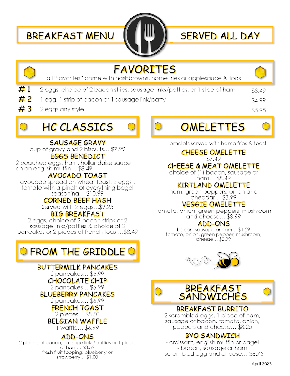 Honey'z cafe menu board
