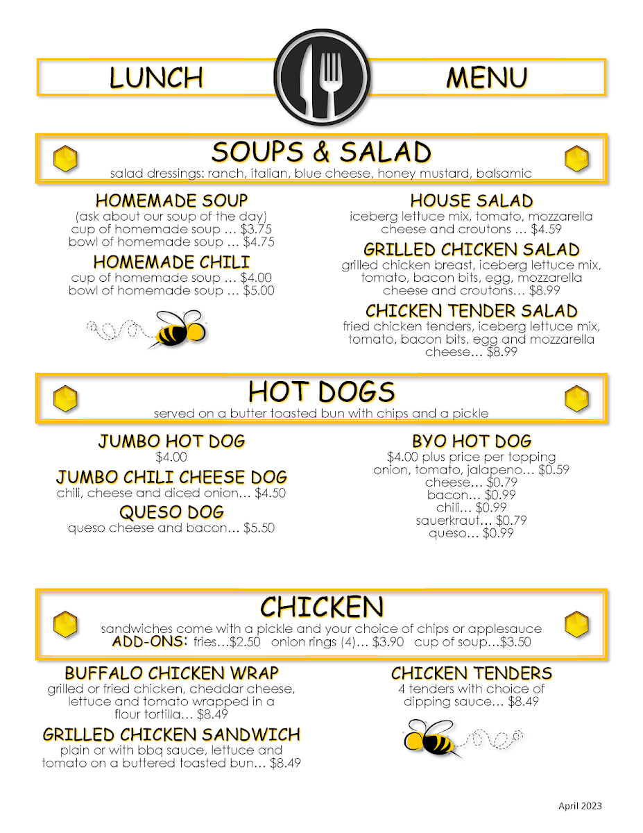 Honey'z cafe menu board