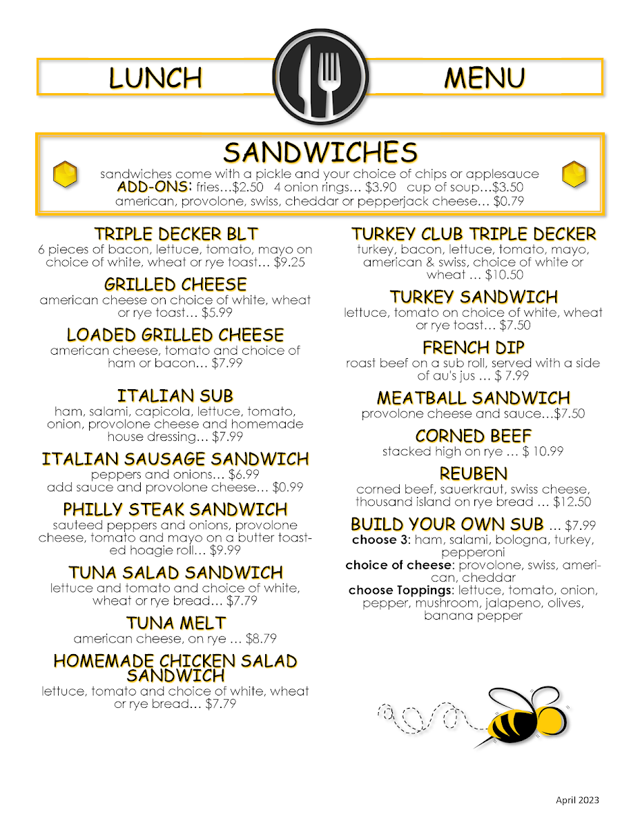 Honey'z cafe menu board