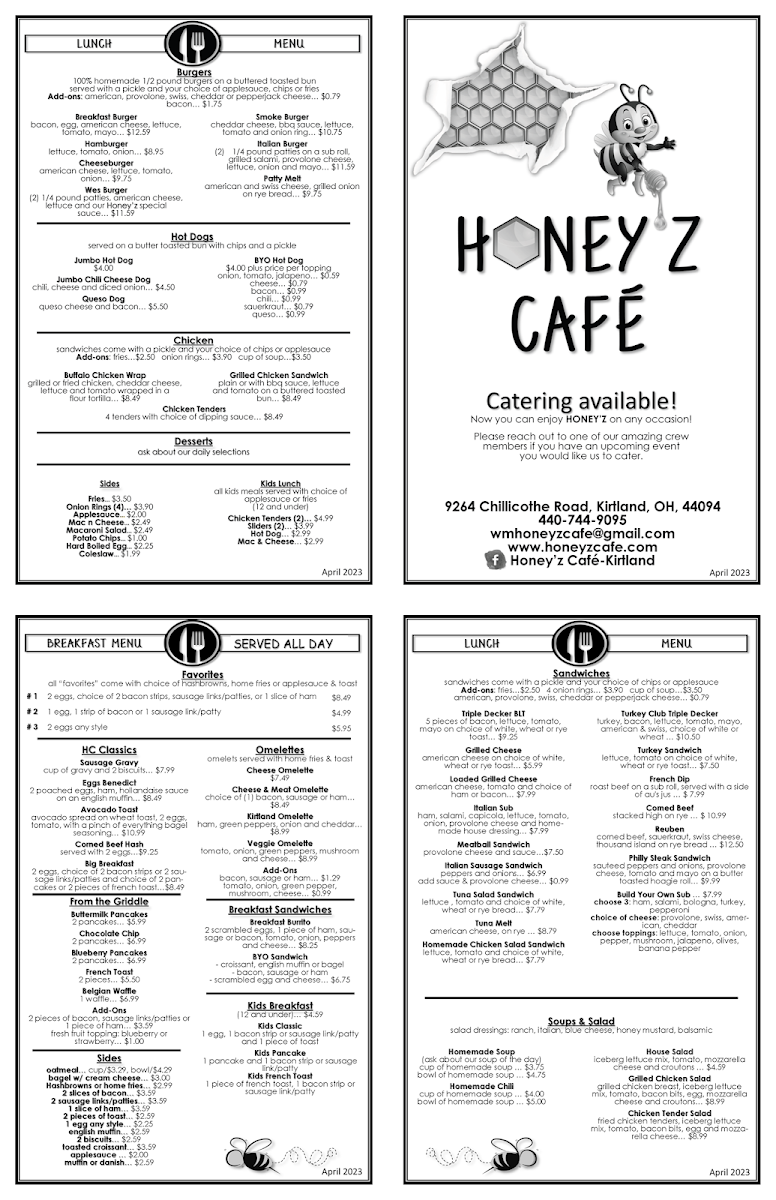 Honey'z cafe menu board