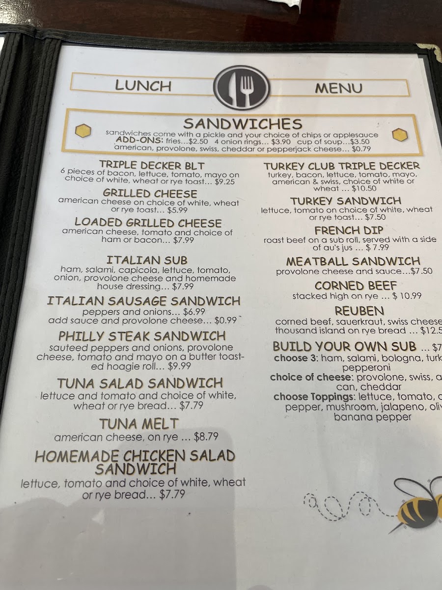 Honey'z cafe menu board