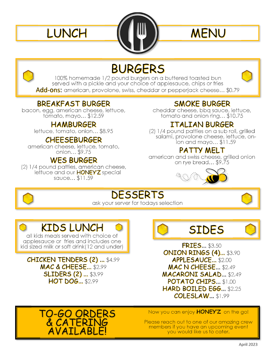 Honey'z cafe menu board